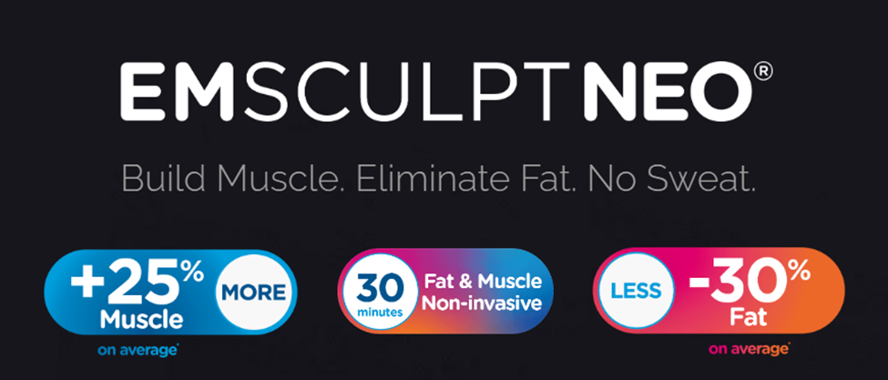 A logo for Emsulpt Neo with text that says "build muscle. eliminate fat. no sweat"